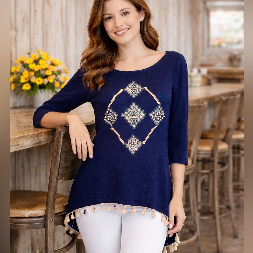 Umgee Blue Embellished Tunic with Three-Quarter Sleeves Size S